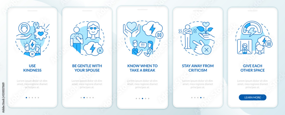 Fixing broken marriage blue onboarding mobile app screen. Walkthrough 5 steps editable graphic instructions with linear concepts. UI, UX, GUI template. Myriad Pro-Bold, Regular fonts used Fixing broken marriage blue onboarding mobile app screen. Walkthrough 5 steps editable graphic instructions with linear concepts. UI, UX, GUI template. Myriad Pro-Bold, Regular fonts used