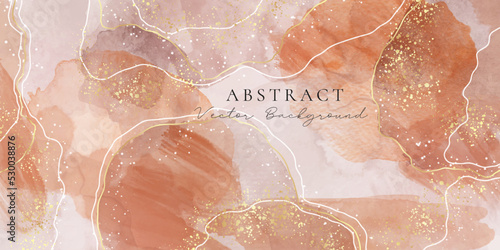 Earth tone beige watercolor background with golden glitter. Marble nude brown fluid painting with alcohol ink effect. Abstract ivory aesthetic bohemian watercolor for wedding invitation