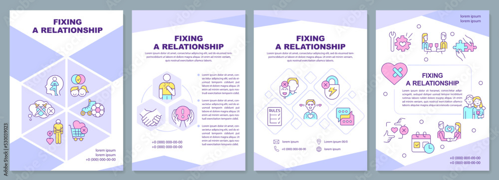 Fixing relationship brochure template. Be open about feelings. Leaflet design with linear icons. Editable 4 vector layouts for presentation, annual reports. Arial-Black, Myriad Pro-Regular fonts used Fixing relationship brochure template. Be open about feelings. Leaflet design with linear icons. Editable 4 vector layouts for presentation, annual reports. Arial-Black, Myriad Pro-Regular fonts used