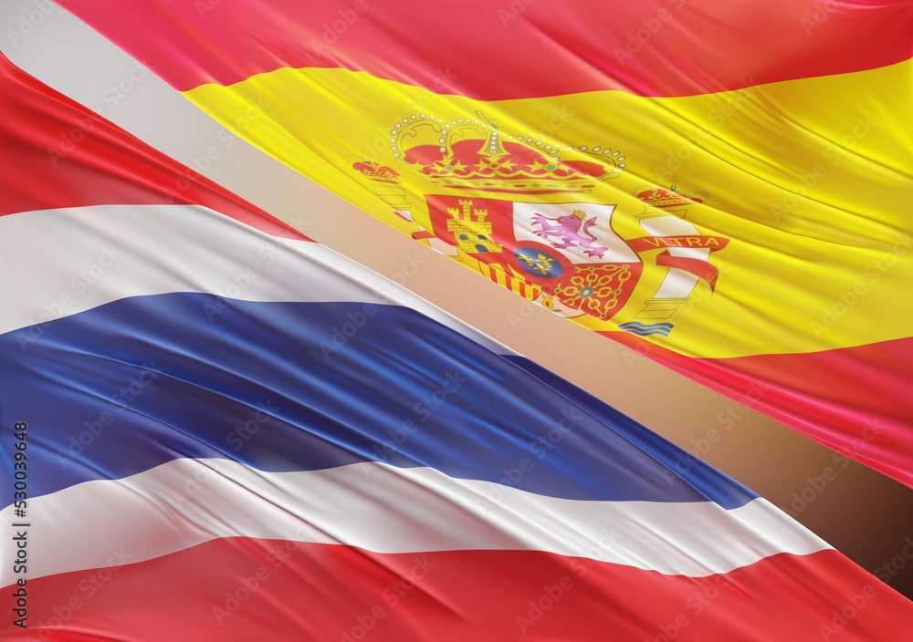 Obraz premium Abstract Thailand Flag, next to Spain Flag 3D Render(3D Artwork)