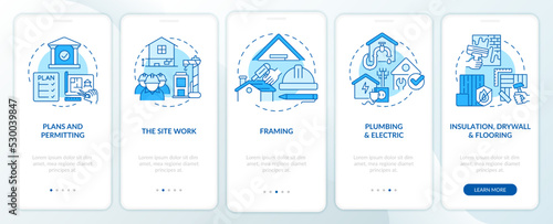Home building phases blue onboarding mobile app screen. Construction walkthrough 5 steps editable graphic instructions with linear concepts. UI, UX, GUI template. Myriad Pro-Bold, Regular fonts used