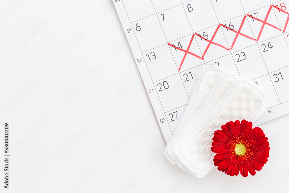 Fototapeta premium Calendar with red marks and white pad. Menstruation period concept
