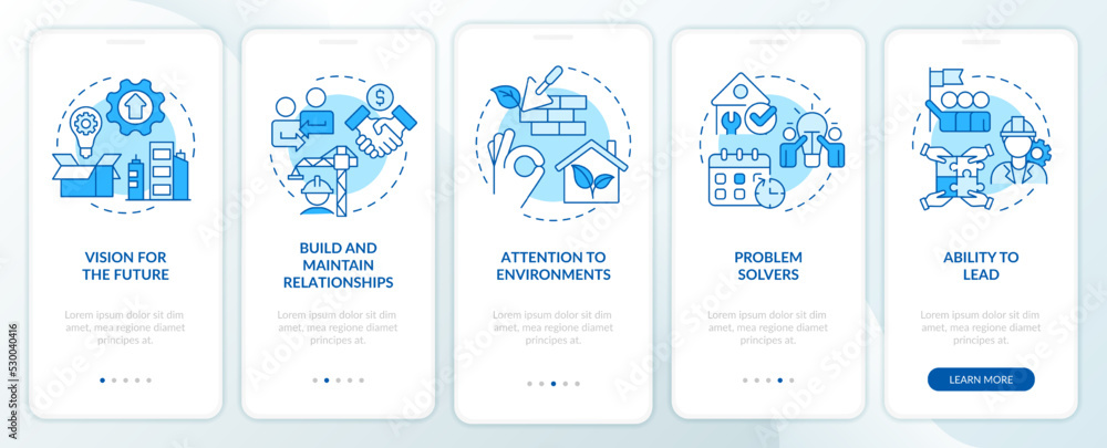 Good housing developer blue onboarding mobile app screen. Walkthrough 5 steps editable graphic instructions with linear concepts. UI, UX, GUI template. Myriad Pro-Bold, Regular fonts used