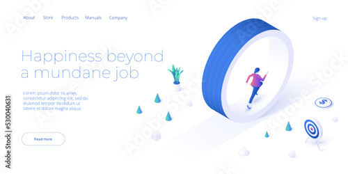 Businesswoman running in a wheel as routine work metaphor. Isometric vector illustration. Dead end job loop with employee walking round