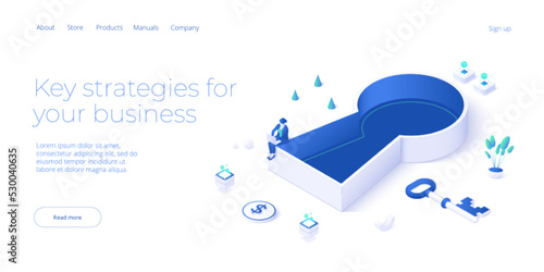 Key solution or business success metaphor in isometric vector illustration. Businesswoman looking for decision to unlock corporate challenge. Web banner layout template