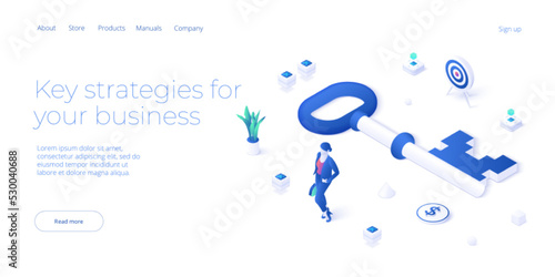 Key solution or business success metaphor in isometric vector illustration. Businesswoman looking for decision to unlock corporate challenge. Web banner layout template
