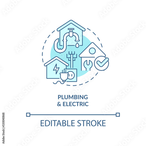 Plumbing and electric turquoise concept icon. Communication. Phase of home building abstract idea thin line illustration. Isolated outline drawing. Editable stroke. Arial, Myriad Pro-Bold fonts used