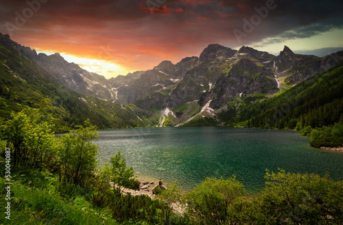 Amazing sunset in the Tatra Mountains above Eye of the Sea Lake, Poland