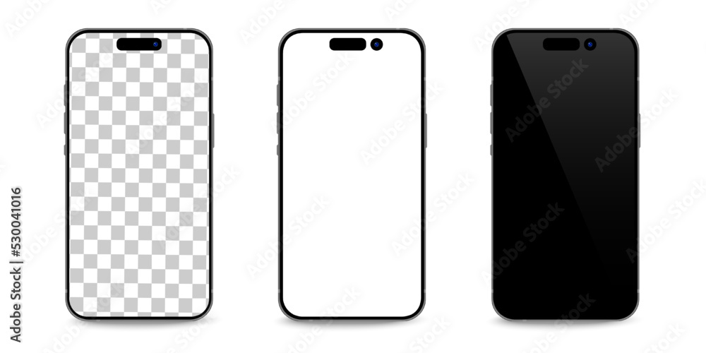 Vecteur Stock IPhone 14 Pro, IPhone 14 Pro Max Space Black mockup .Set of  realistic smartphone. Mock-up screen front view iphone with transparent,  white and black screen phone. .Vinnitsa,Ukraine-September 12,2022 | Adobe