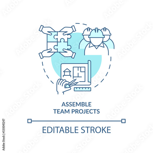 Assemble team projects turquoise concept icon. Tip for housing development abstract idea thin line illustration. Isolated outline drawing. Editable stroke. Arial, Myriad Pro-Bold fonts used