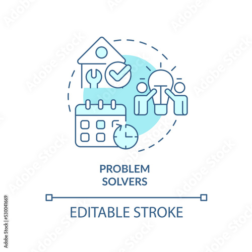 Problem solvers turquoise concept icon. Characteristic of good housing developer abstract idea thin line illustration. Isolated outline drawing. Editable stroke. Arial, Myriad Pro-Bold fonts used