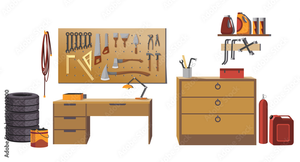 Garage interior with instruments, tools for carpentry and repair works. Empty workshop. Workplace of the master on car repair with working tools Garage interior with instruments, tools for carpentry and repair works. Empty workshop. Workplace of the master on car repair with working tools