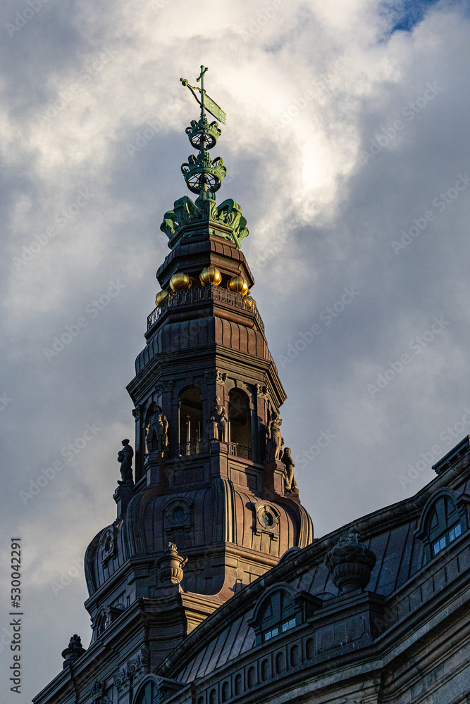Copenhagen, Denmark The spire of the Christiansborg Palace or Castle, and the Danish Parliament.