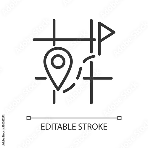 Searching for destination on map linear icon. Location tracking. Real-time monitoring. Navigation. Thin line illustration. Contour symbol. Vector outline drawing. Editable stroke. Arial font used