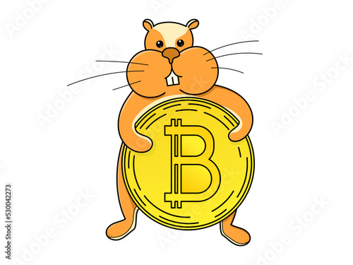 The hamster is holding a large Bitcoin coin. The concept of a novice trader and cryptocurrency.