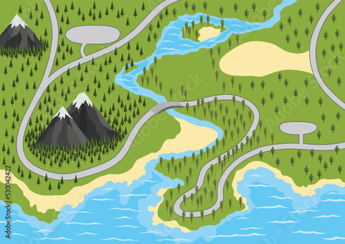 Suburban map with trees, road, river and mountain. Village with water, aerial view. GPS, city navigation with roads. Vector illustration in flat style