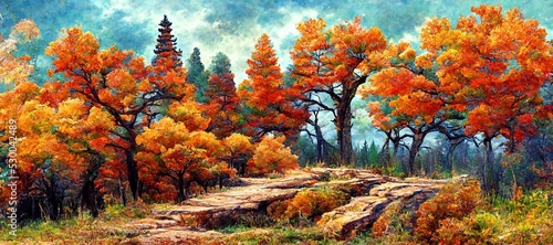 Imaginative evergreen forest turned into an autumn fall color wonderland of red  warm orange and sunny yellow colors. Tranquil woodland and peaceful outdoor nature art - oil pastel stylized.