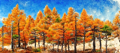 Imaginative evergreen forest turned into an autumn fall color wonderland of red, warm orange and sunny yellow colors. Tranquil woodland and peaceful outdoor nature art - oil pastel stylized.