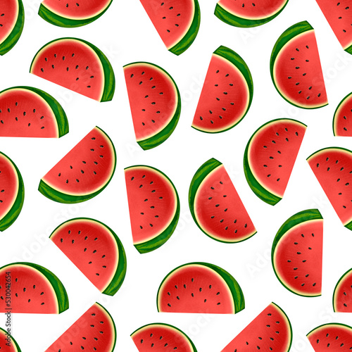 Fototapeta Naklejka Na Ścianę i Meble -  Illustration of a seamless pattern with watermelon slices. Juicy fruits.