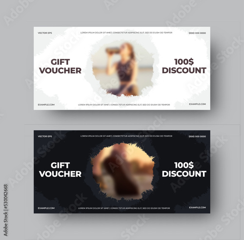 EPS vector gift voucher, $100 discount, creative illustration design, with photo in a circle with brush strokes.