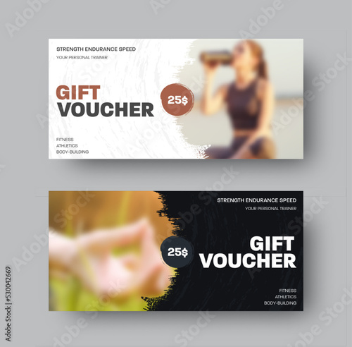 EPS vector gift voucher, $25 discount certificate, set on a white, black background with a photo in a circle.