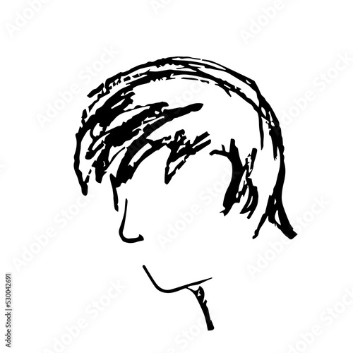 Simple vector black outline drawing, charcoal pencil. The head of a man, no face, nose. Shaggy hair.