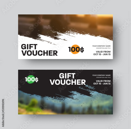 EPS vector gift voucher, $100 discount on white, black background, top with company info, valid from, bottom with blurred photo.