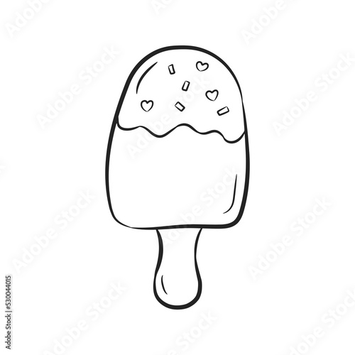 Popsicle in black linear drawing style. Ice cream, eskimo in doodle style. Vector illustration isolated on white background