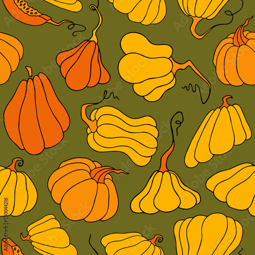 Autumn seamless pattern, square background, hand drawn pumpkins