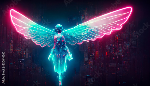 angel with wings cyberpunk realistic background. Cover design, illustration, Template.
