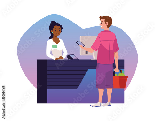 Man paying in store with QR code online payment app, flat vector isolated.