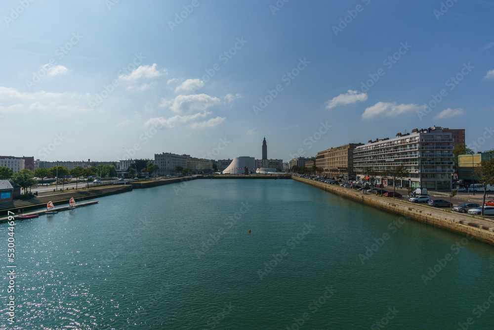 Le Havre, France - August 20, 2021: Centre of the city with water Bassin du Commerce with vie from the bridge Le Havre, France - August 20, 2021: Centre of the city with water Bassin du Commerce with vie from the bridge