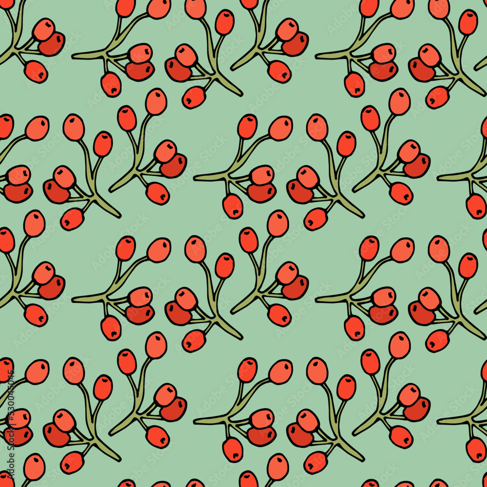 Seamless pattern of simple rowan berries on light green background. Vector image. Doodle style. Seamless pattern of simple rowan berries on light green background. Vector image. Doodle style.