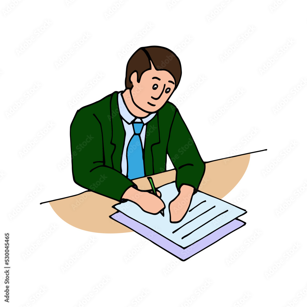 Office worker, manager in a suit filling out paperwork. Stylized man in a suit, office life vector illustration. Vector illustration. Office worker, manager in a suit filling out paperwork. Stylized man in a suit, office life vector illustration. Vector illustration.
