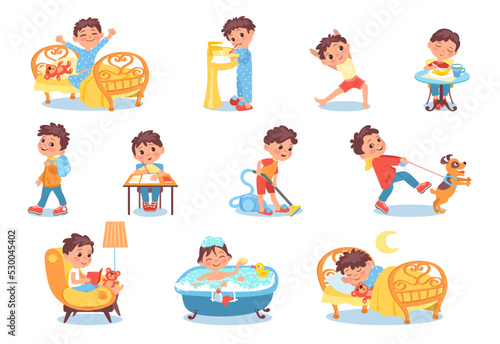 Cartoon boy character daily routine. Everyday activities. From morning to evening. Little child awakening and eating lunch. Teen reading book. Hygiene and studying. Splendid vector set photo