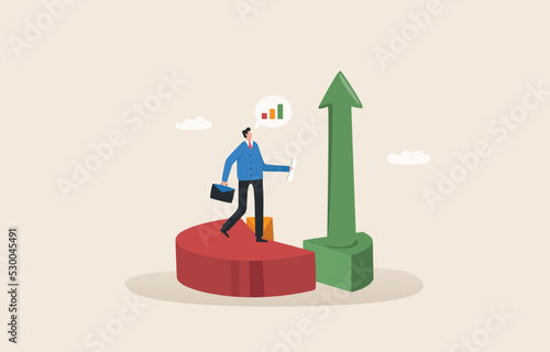 Expand business, increase sales and profit. Grow or progress to achieve goals and objectives. Businessman  looking at high rising up graph arrow.