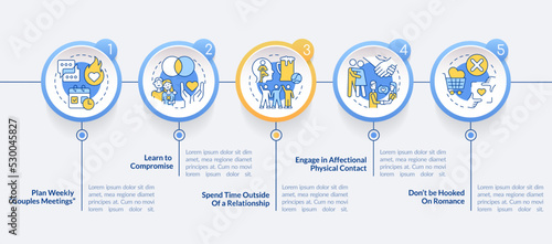 Protect relationship after moving in together circle infographic template. Data visualization with 5 steps. Editable timeline info chart. Workflow layout with line icons. Lato-Bold, Regular fonts used