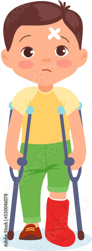 Kid illnesses. Injuries and ailments. Disabled boy with crutches. Broken bone in medical gypsum. Leg bandage. Health care and medicine. Hospital patient vector illustration