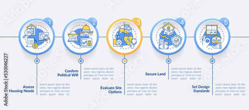 Housing development tips circle infographic template. Project. Data visualization with 5 steps. Editable timeline info chart. Workflow layout with line icons. Lato-Bold, Regular fonts used © bsd studio