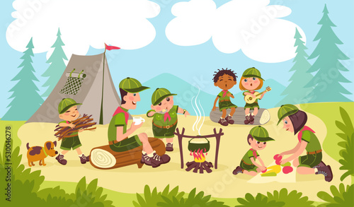 Mentors and little scouts. Tourists learn put up tent and make fire. Life in nature skills. Kids expedition. Teacher teaches children to cook on campfire. Splendid vector illustration