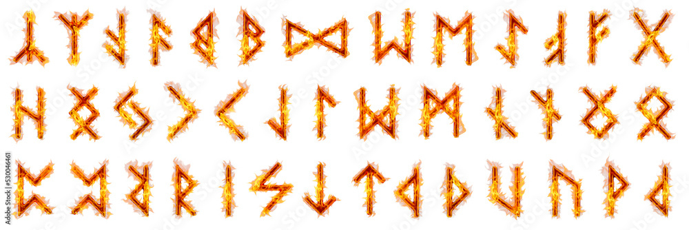 Fiery Viking Runes on transparent background, burning celtic elder Futhark letters
