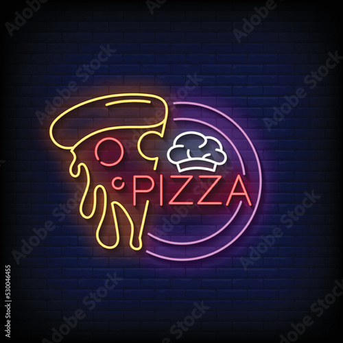 Neon Sign pizza with Brick Wall Background vector