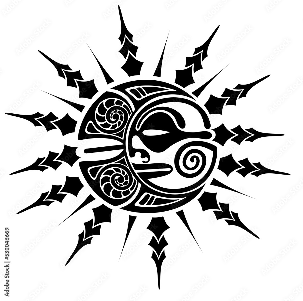 Sun and moon maori style tattoo sketch. Round tribal ornament.. Vector  illustration Stock Vector | Adobe Stock