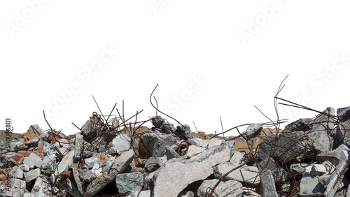 Gray concrete fragments of the remains of a building with protruding fittings in sunlight, isolated on a white background. The concept of destruction. Background. © Roman