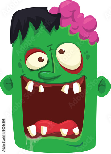 Cartoon angry zombie head. Halloween vector illustration of funny zombie moaning with wide open mouth full of teeth.