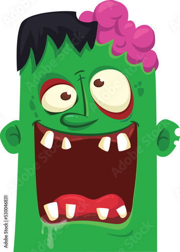Cartoon angry zombie head. Halloween vector illustration of funny zombie moaning with wide open mouth full of teeth.