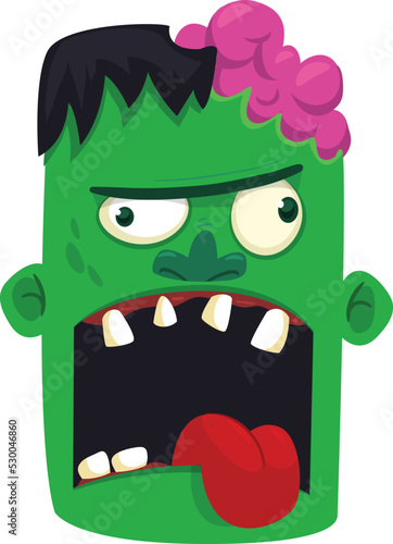Cartoon angry zombie head. Halloween vector illustration of funny zombie moaning with wide open mouth full of teeth.