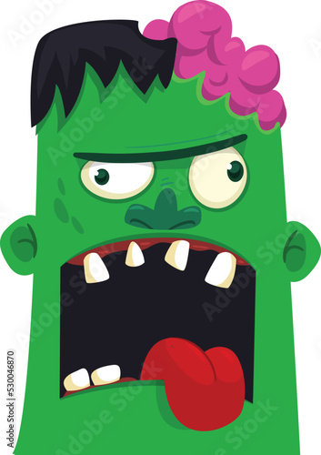 Cartoon angry zombie head. Halloween vector illustration of funny zombie moaning with wide open mouth full of teeth.