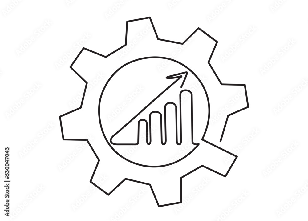 Continuous one single line drawing Productivity bar chart inside gear. Vector illustration concept. Marketing productivity progress, Profit market trend management.