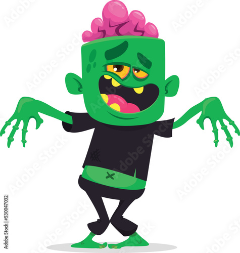 Cartoon funny green zombie with pink brains outside of the head. Halloween vector illustration isolated